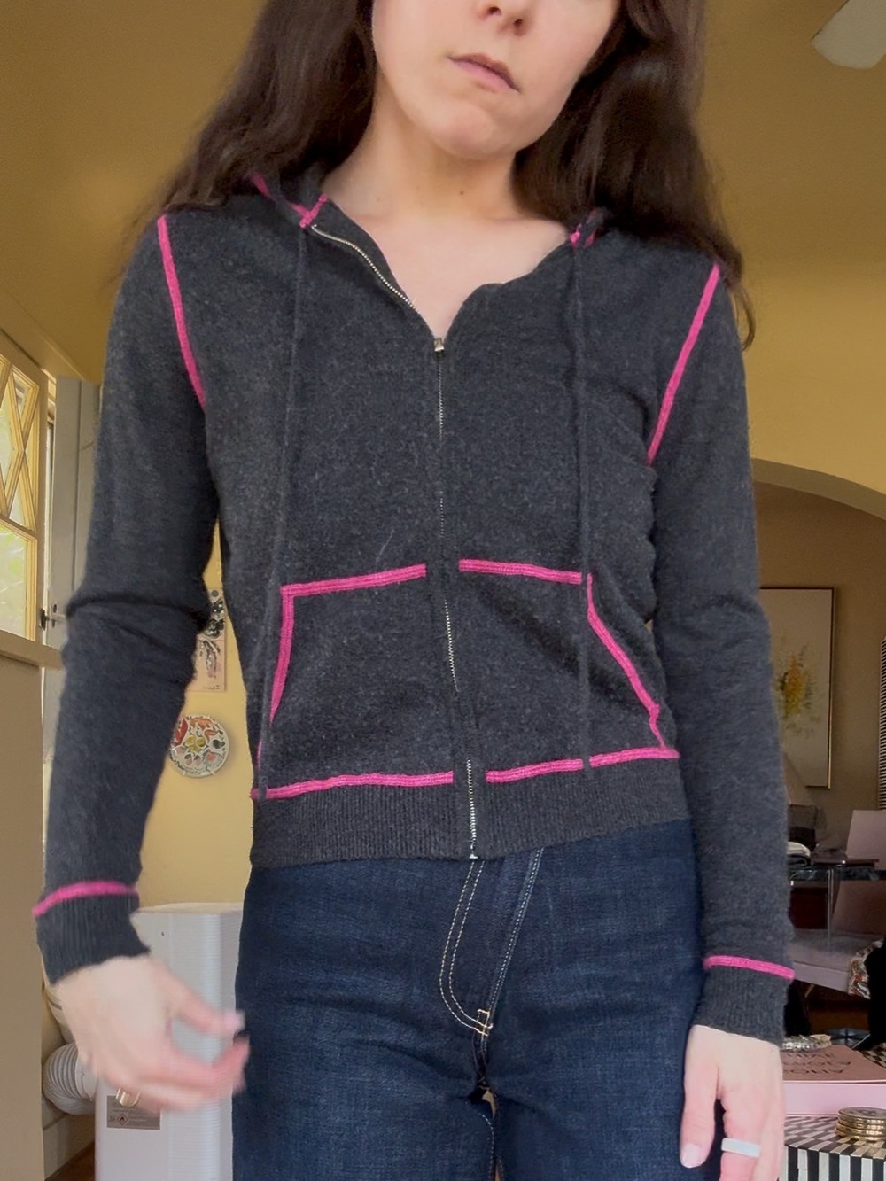 Acrobat Silk and Cashmere Charcoal Zip Hoodie with Pink Piping